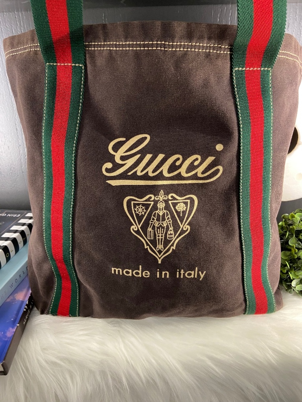 Gucci Brown Canvas Tote Sherry Line Straps Gucci Knight Detail Olive Green Nylon